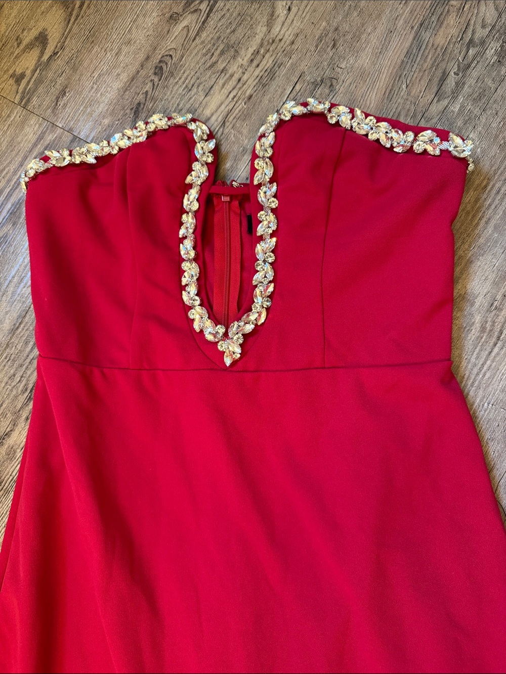 Lulu's Strapless Red Evening Dress with Gold Crystal Embellishment